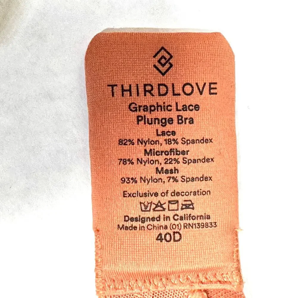 ThirdLove Graphic Lace Plunge Underwire Foam Molded Cups Bra Clay Rust Women 40D